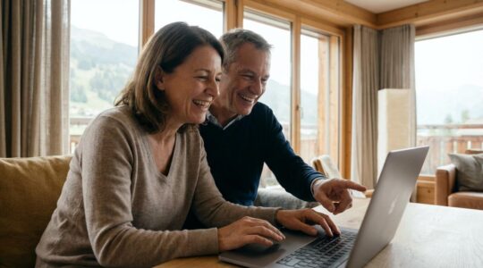 Couple suisse consultant une estimation immobilière en ligne dans leur salon