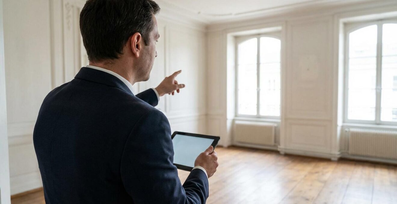 Expert immobilier inspectant un appartement lors d'une évaluation sur place en Suisse