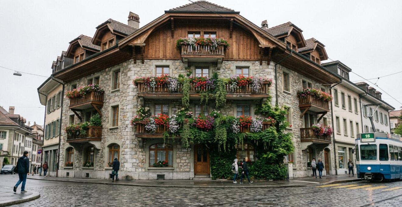 Façade d'immeuble résidentiel suisse avec balcons fleuris à Lausanne
