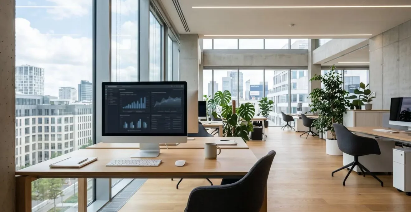 Bureau contemporain vide avec ordinateur éteint et grandes fenêtres laissant entrer la lumière naturelle