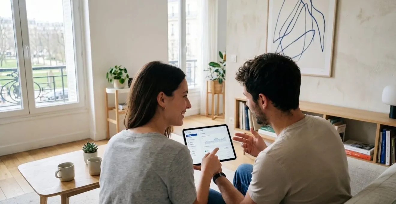 Un couple vu de dos consulte ensemble une tablette dans un salon contemporain lumineux