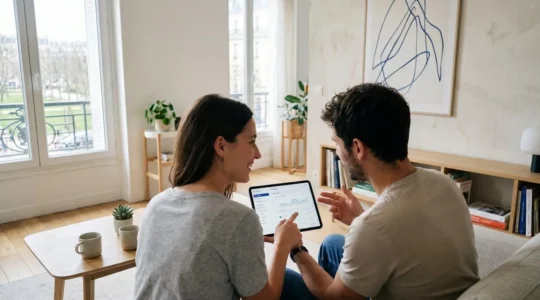 Un couple vu de dos consulte ensemble une tablette dans un salon contemporain lumineux
