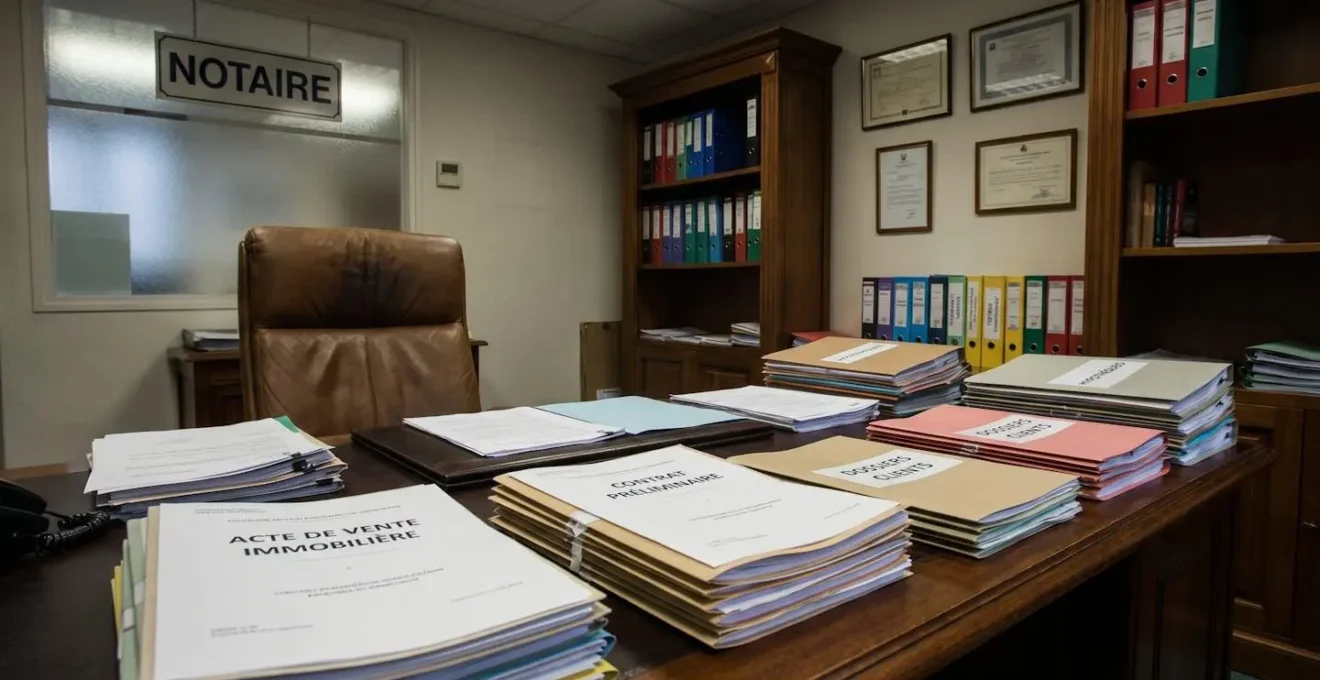 Bureau de notaire avec documents officiels de vente immobilière et contrats sur table