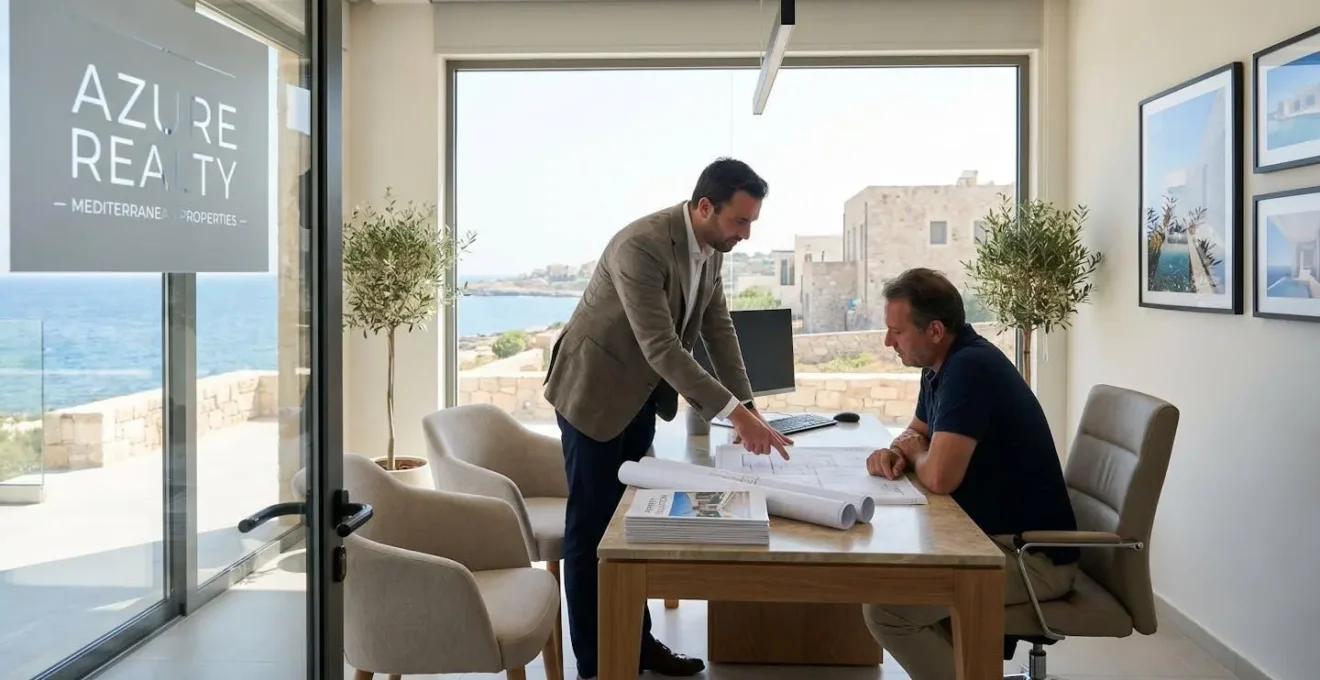 Consultant en agence immobilière présentant un dossier d'évaluation de bien avec documents sur table