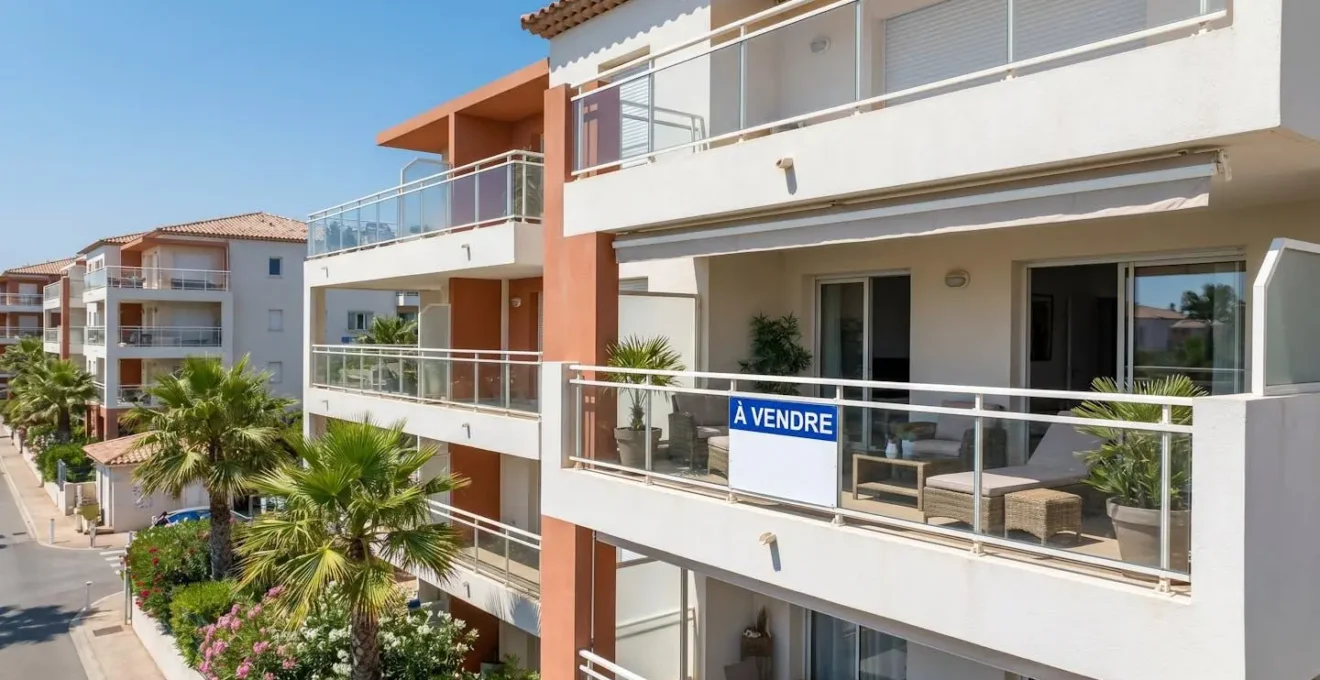 Façade d'un immeuble résidentiel en zone littorale avec panneau 'À vendre' et terrasses équipées pour la location saisonnière