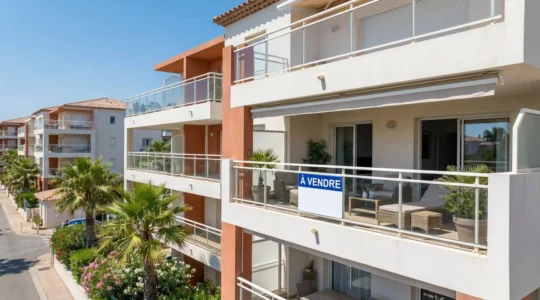 Façade d'un immeuble résidentiel en zone littorale avec panneau 'À vendre' et terrasses équipées pour la location saisonnière