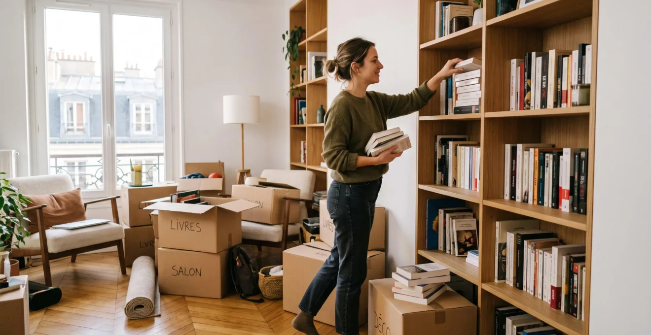 Jeune femme rangeant des livres sur une étagère dans son nouvel appartement, cartons de déménagement visibles